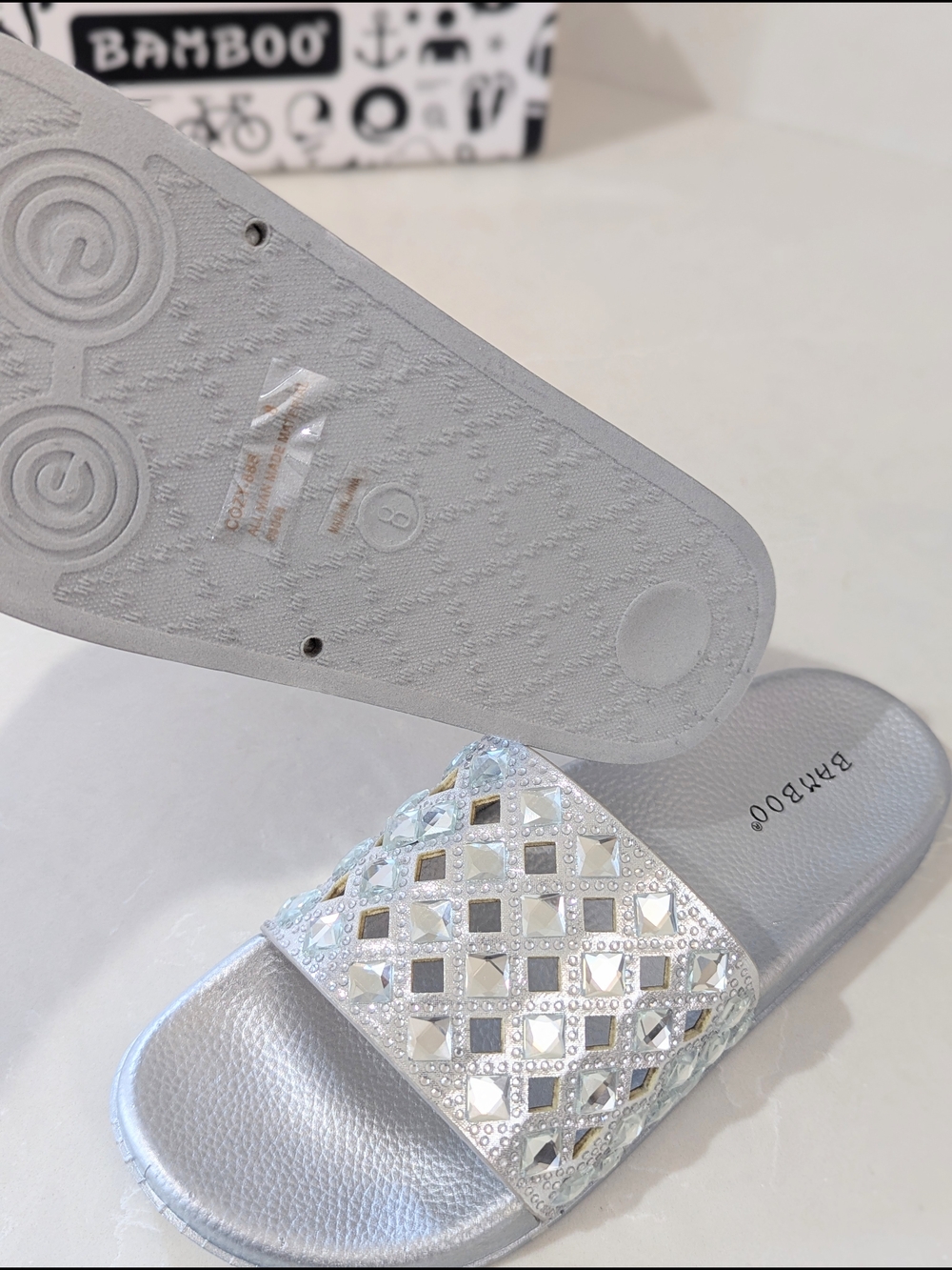 BAMBOO Silver Jeweled Slide Sandals - Picture 6 of 6